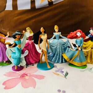 Lot of 7 Disney Princess Glitter Figurine Set Toys Rapunzel Jasmine Aurora etc.